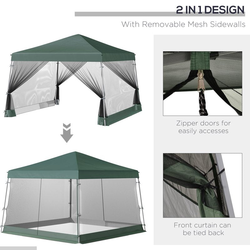 Outsunny Outdoor Garden Pop-up Gazebo Canopy Tent Sun Shade Event Shelter Folding with Adjustable Height, Mesh Screen Side Walls 3.5 M × 3.5 M Base / 3 M × 3 M Top, Green