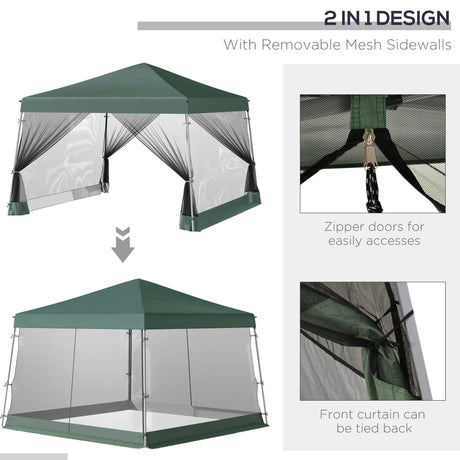 Outsunny Outdoor Garden Pop-up Gazebo Canopy Tent Sun Shade Event Shelter Folding with Adjustable Height, Mesh Screen Side Walls 3.5 M  3.5 M Base / 3 M  3 M Top, Green