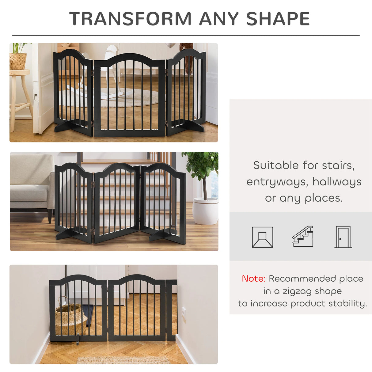 PawHut Freestanding Pet Gate Wooden Dog Gate with Support Feet Foldable Pet Fence Safety Barrier for the House Doorway Stairs Black