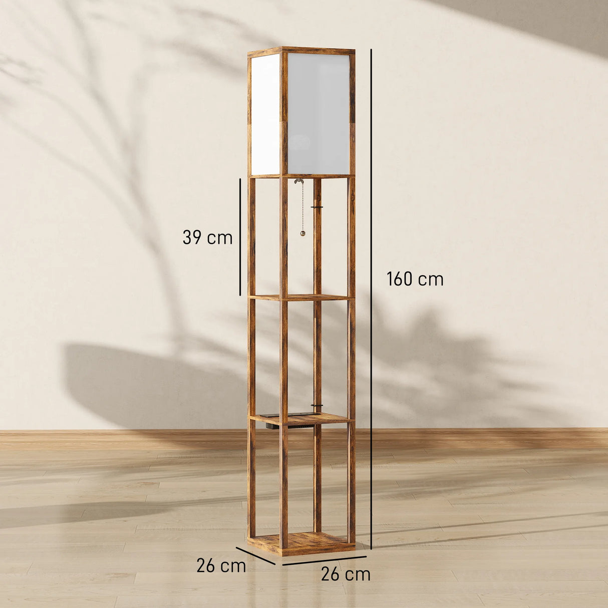 HOMCOM Floor Lamp with Shelves, 4 Layer Standing Lamp with USB Ports, 3 Colour Temperature, Rustic Brown