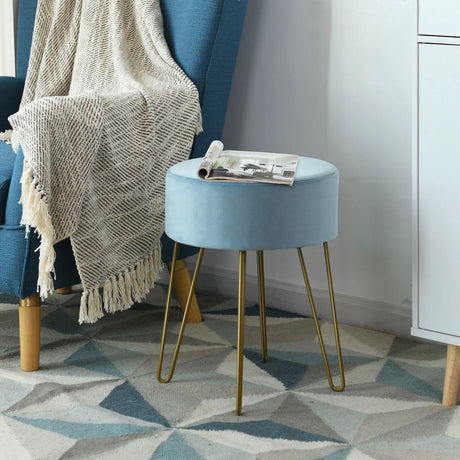 Round Velvet Ottoman Footrest Stool Side Table Dressing Chair with Metal Legs-Blue