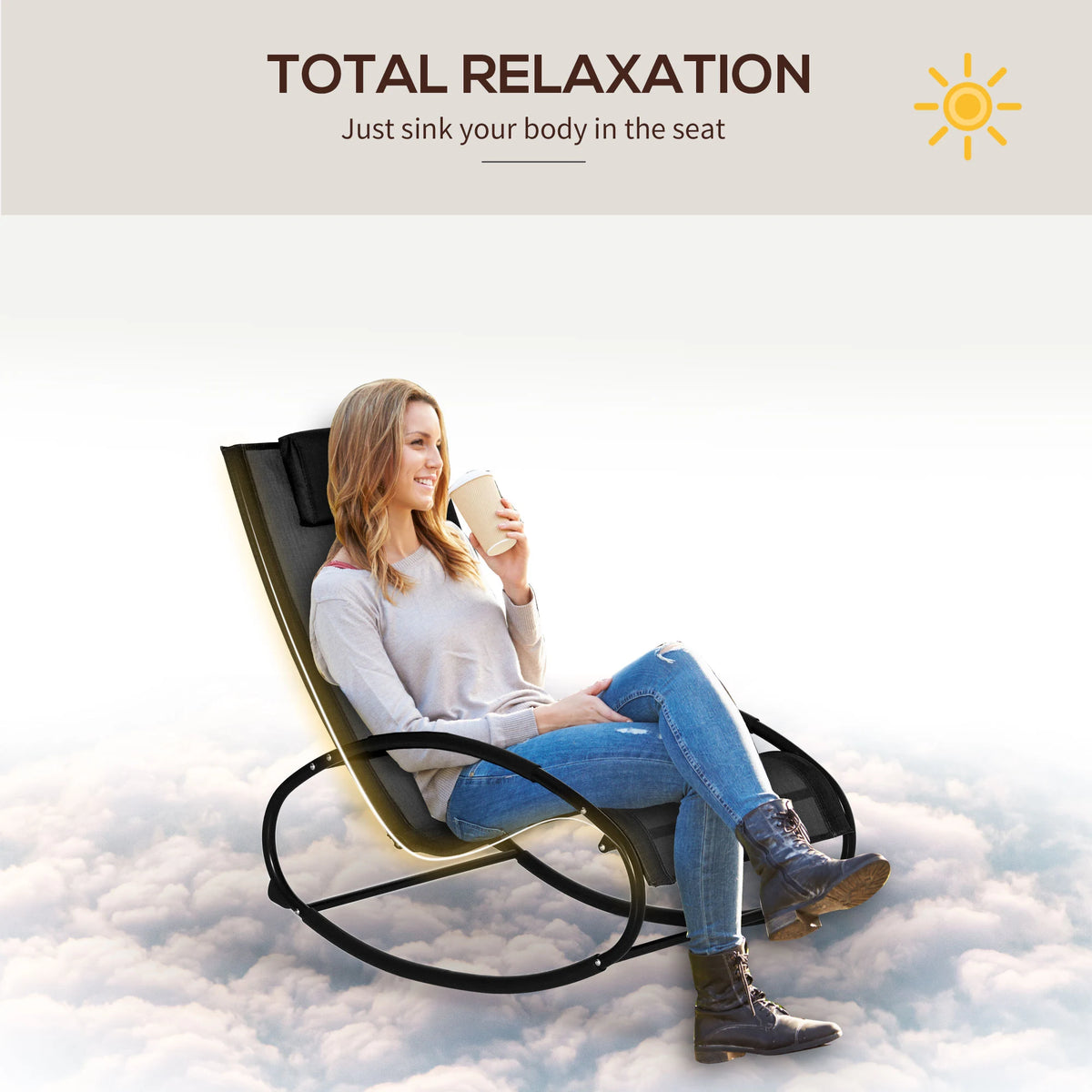 Outsunny Rocking Chair Sun Lounger Recliner Rocker Texteline Fabric Patio Garden Relaxer with Pillow, Black