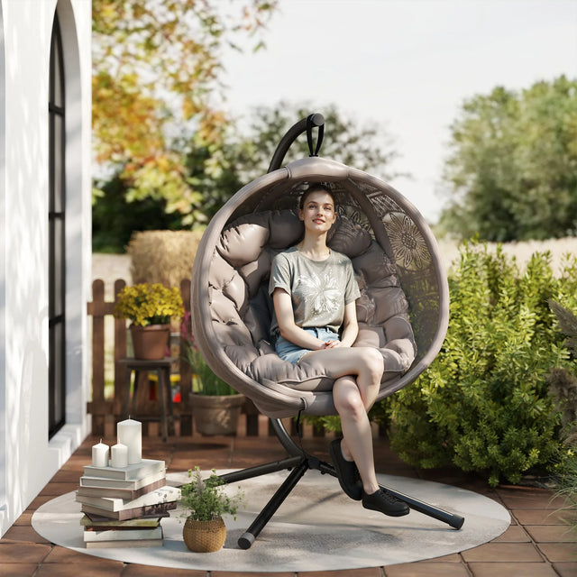 Outsunny Round Egg Basket Chair, with Steel Stand, Sand