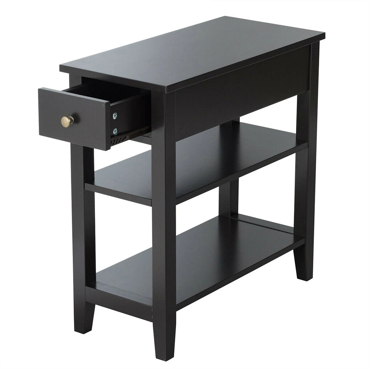 3-Tier Nightstand Bedside Table Sofa Side with Double Shelves Drawer-Black