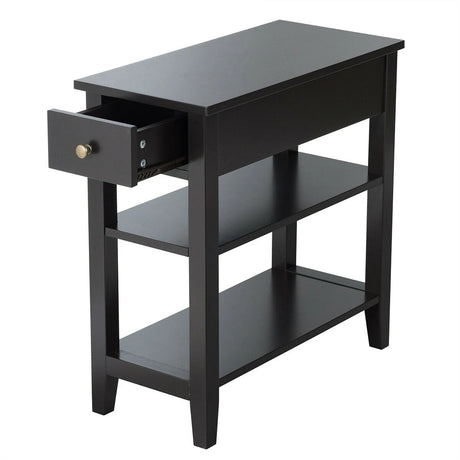 3-Tier Nightstand Bedside Table Sofa Side with Double Shelves Drawer-Black