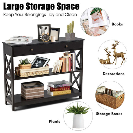 Console Table 3-Tier with Drawer and Storage Shelves-Dark Brown