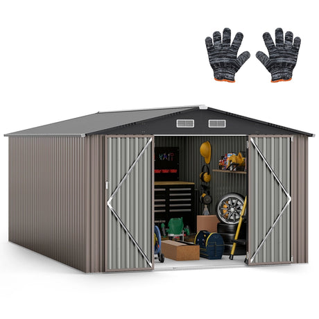 10 x 14 FT Outdoor Storage Shed with Improved Windproof Metal Structure-Gray