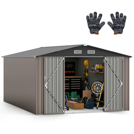 10 x 14 FT Outdoor Storage Shed with Improved Windproof Metal Structure-Gray