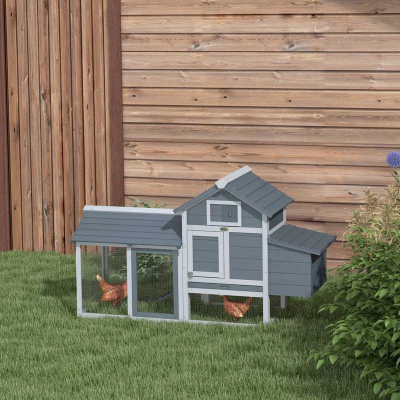 PawHut Small Chicken Coop with Run Hen House Poultry Coops Cages Nesting Box Grey 150.5 x 54 x 87cm