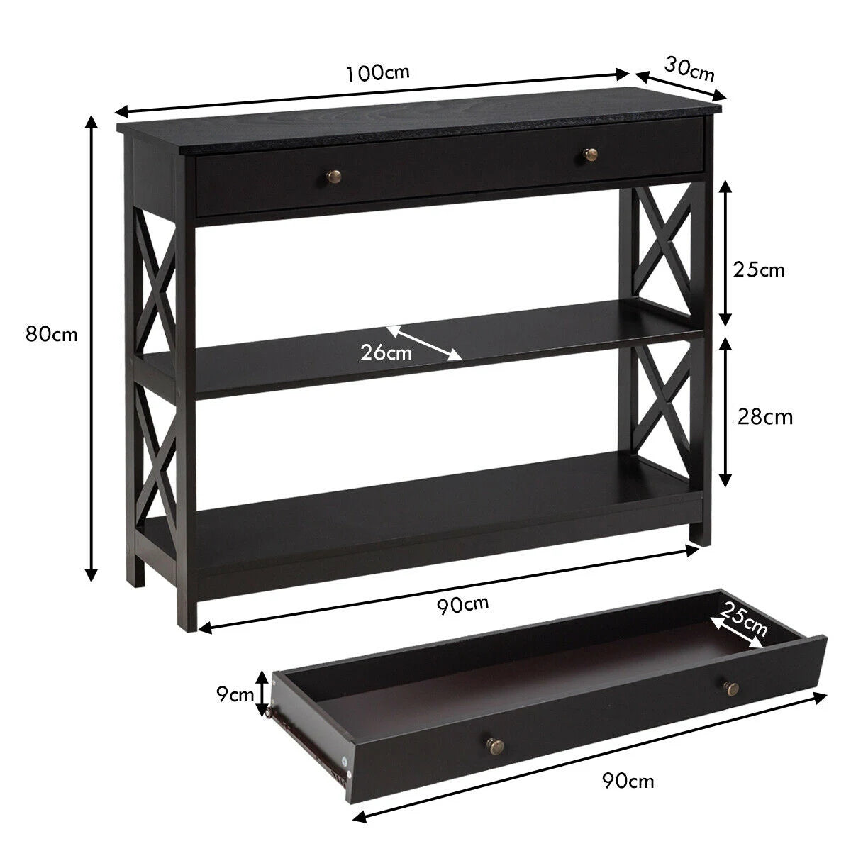 Console Table 3-Tier with Drawer and Storage Shelves-Dark Brown