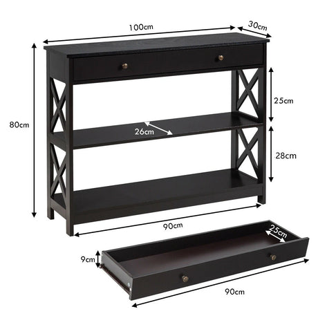 Console Table 3-Tier with Drawer and Storage Shelves-Dark Brown