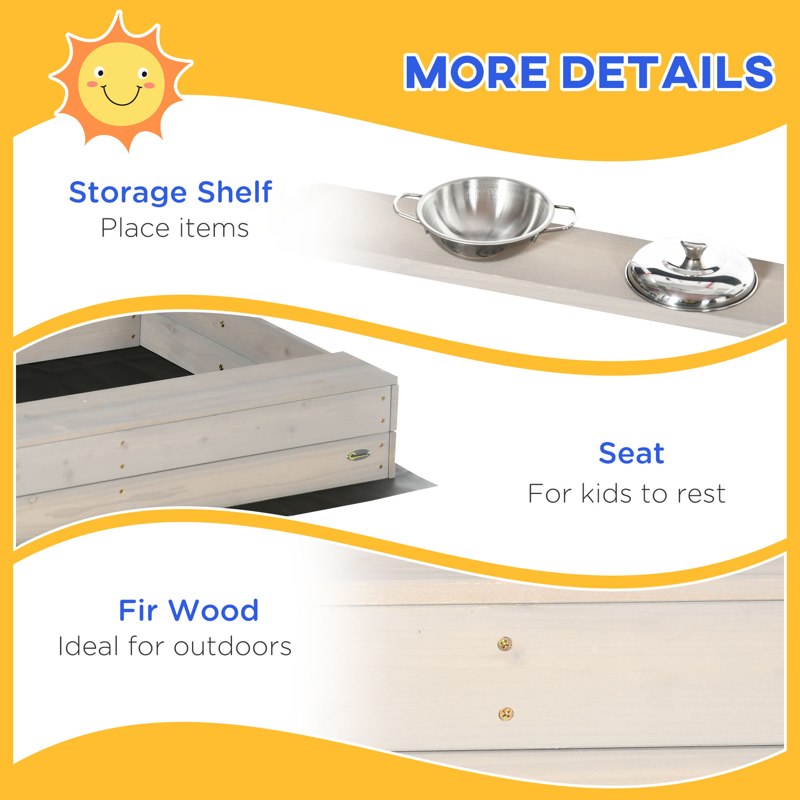 Outsunny Kids Wooden Sandbox w/ Canopy, Kitchen Toys, Seat, Storage, for Ages 3-7 Years
