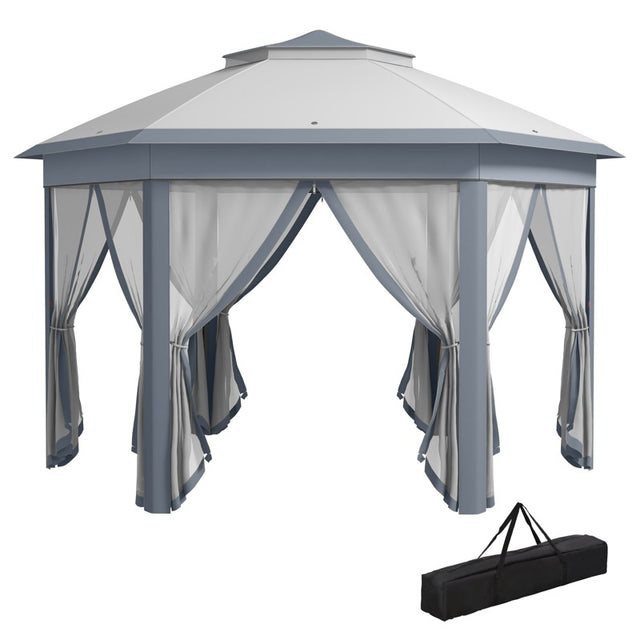 Outsunny 3 x 4m Metal Frame Hexagon Gazebo, with Curtains - Grey