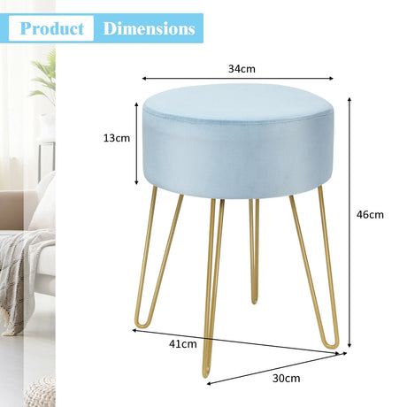 Round Velvet Ottoman Footrest Stool Side Table Dressing Chair with Metal Legs-Blue