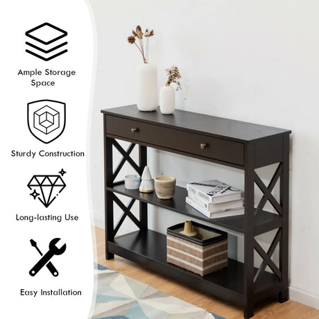 Console Table 3-Tier with Drawer and Storage Shelves-Dark Brown