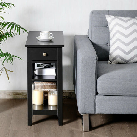 3-Tier Nightstand Bedside Table Sofa Side with Double Shelves Drawer-Black
