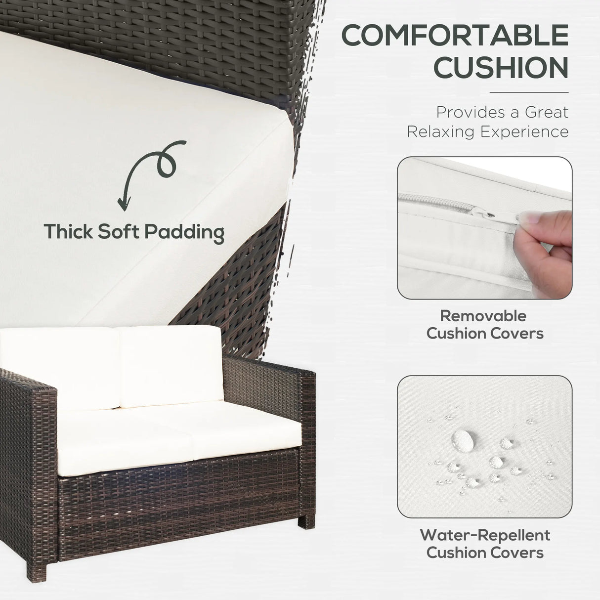 Outsunny Rattan Sofa, 2 Seater Garden Furniture with Soft Padded Cushion and Armrests, Wicker Garden Loveseat for Patio, Mixed Brown