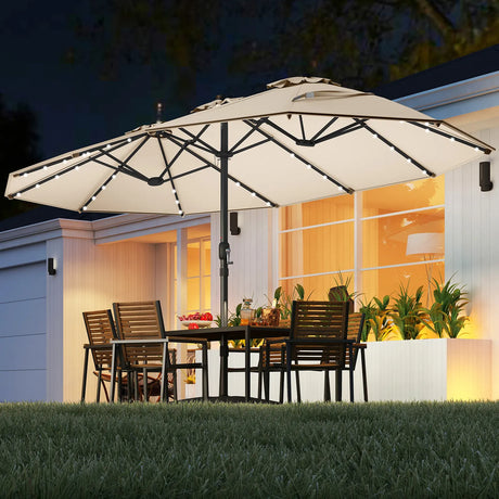 445 cm Extra-Large Patio Umbrella with LED Solar Lights and Crank Handle-Beige