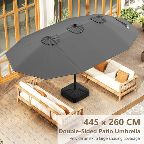 445 cm Extra-Large Patio Umbrella with LED Solar Lights and Crank Handle-Grey
