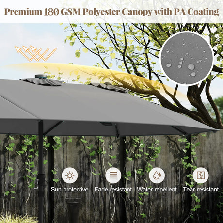 445 cm Extra-Large Patio Umbrella with LED Solar Lights and Crank Handle-Grey