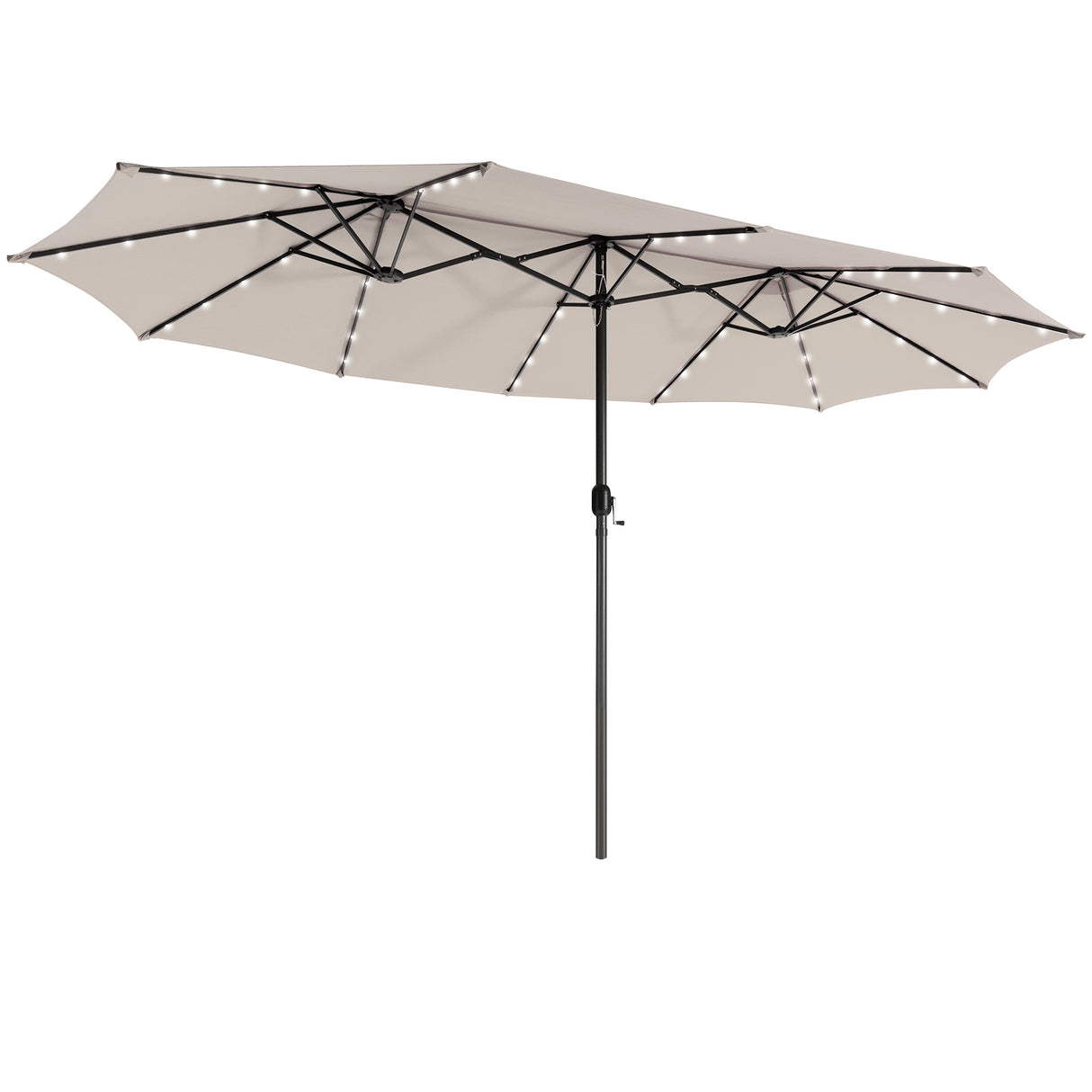 445 cm Twin Patio Umbrella Double-Sided Umbrella with 48 LED Lights-Beige