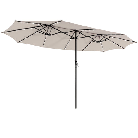 445 cm Twin Patio Umbrella Double-Sided Umbrella with 48 LED Lights-Beige