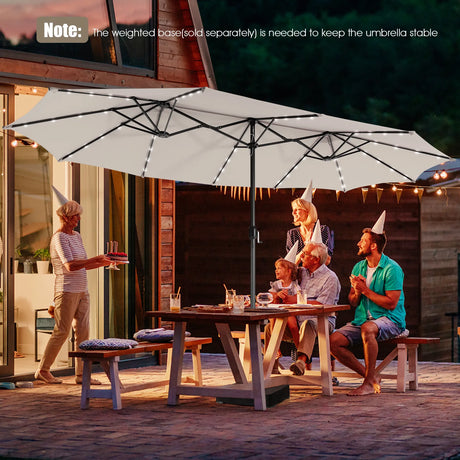 445 cm Twin Patio Umbrella Double-Sided Umbrella with 48 LED Lights-Beige