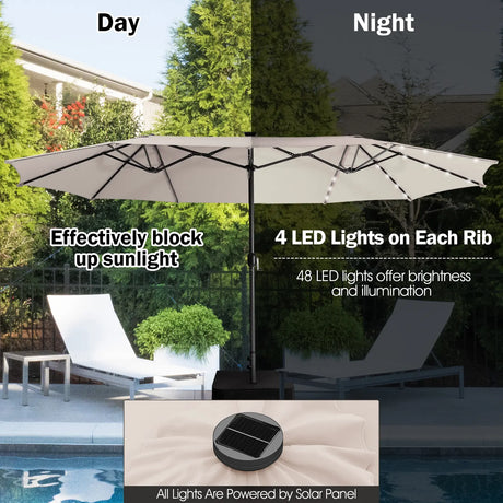 445 cm Twin Patio Umbrella Double-Sided Umbrella with 48 LED Lights-Beige