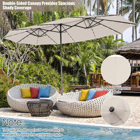 445 cm Twin Patio Umbrella Double-Sided Umbrella with 48 LED Lights-Beige