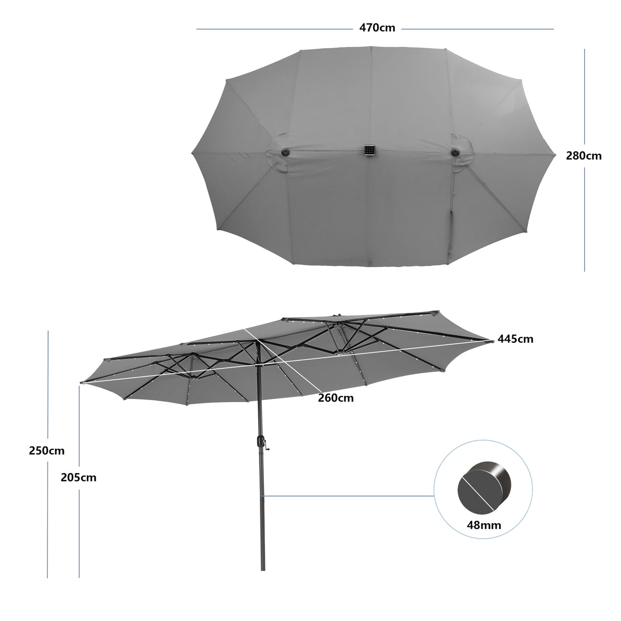 15 Feet Twin Patio Umbrella with 48 Solar LED Lights-Gray