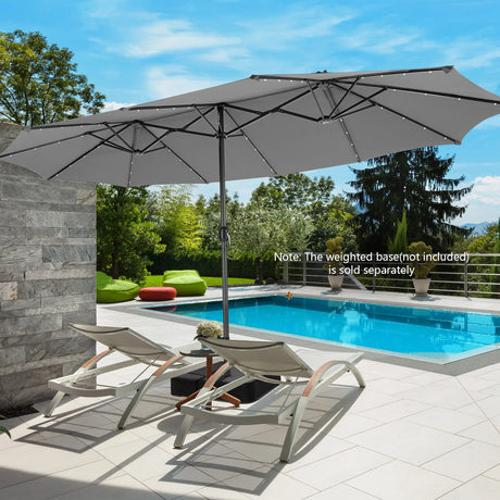 15 Feet Twin Patio Umbrella with 48 Solar LED Lights-Gray