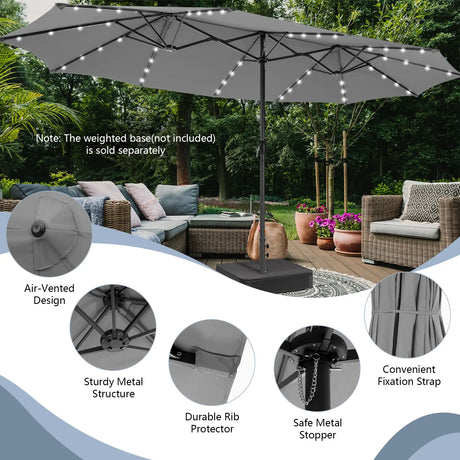 15 Feet Twin Patio Umbrella with 48 Solar LED Lights-Gray