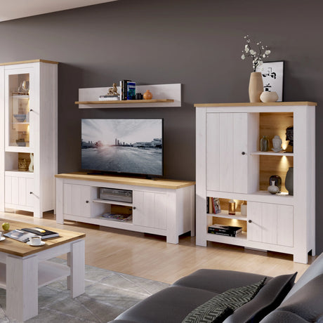 Celesto 2 Door 4 Shelves Display Cabinet with LED Lights in White and Oak