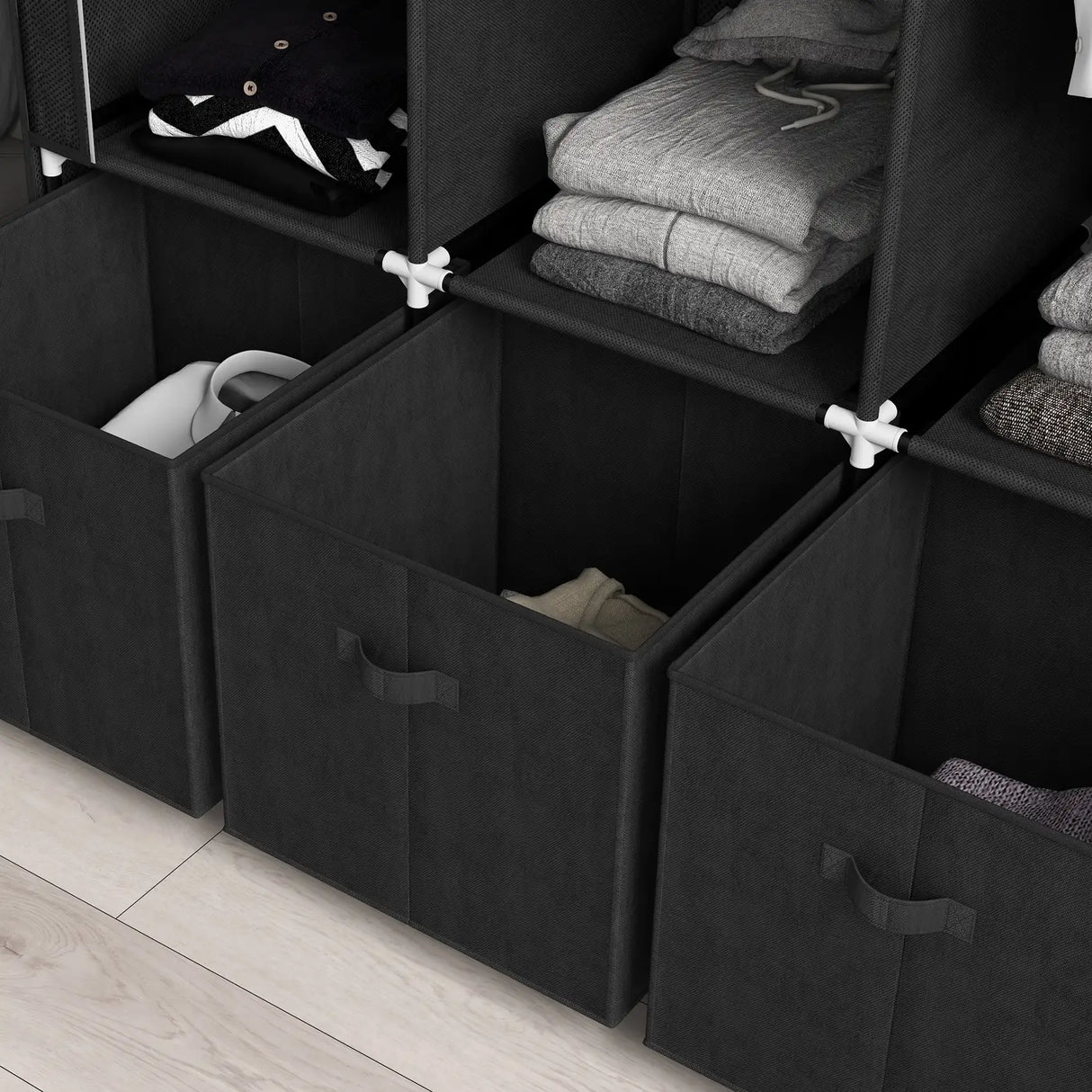HOMCOM Foldable Fabric Wardrobe for Bedroom, Portable Wardrobe with 5 Shelves, 2 Hanging Rails and 3 Fabric Drawers, Black