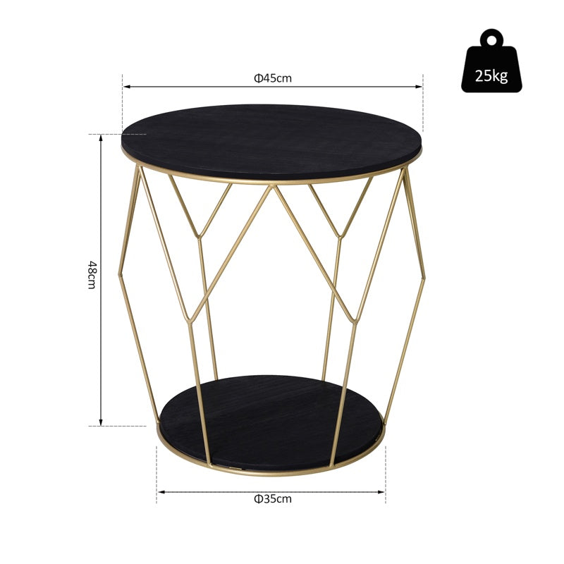 HOMCOM Round Coffee Table with Storage, Modern Sofa Side Table with Metal Frame, End Table for Bedroom, Living Room, Black and Gold, 45 x 45 x 48 cm