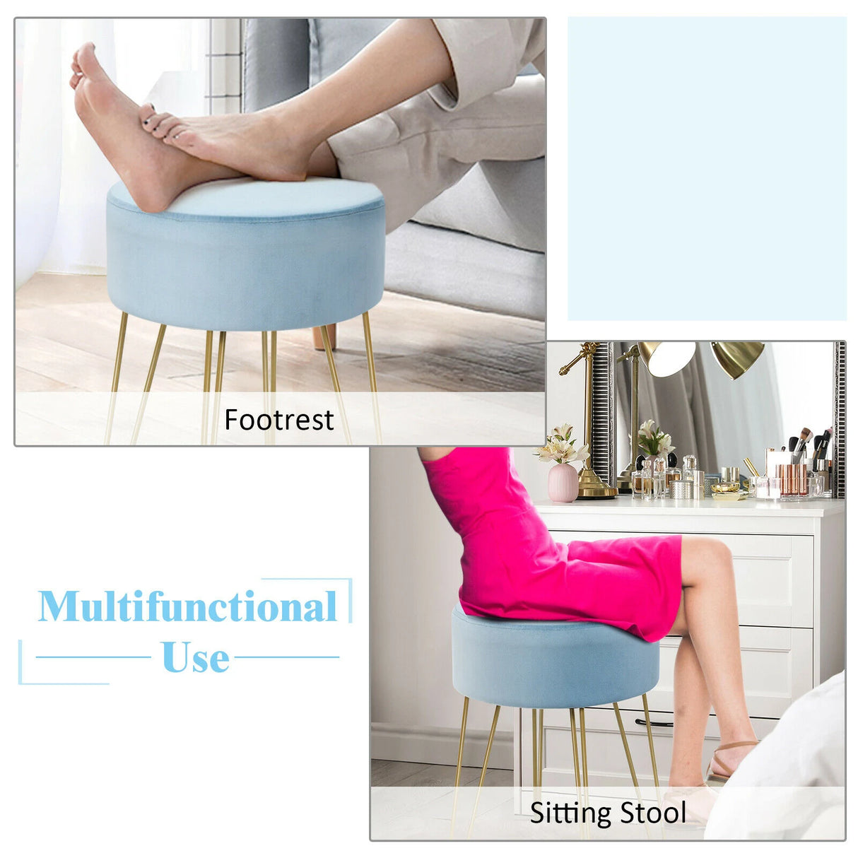 Round Velvet Ottoman Footrest Stool Side Table Dressing Chair with Metal Legs-Blue