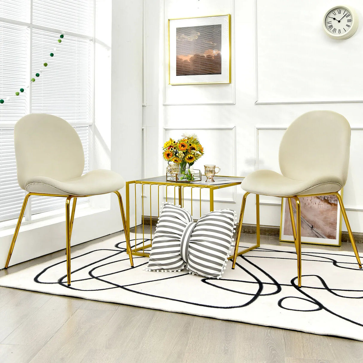 Set of 2 Modern Velvet Dining Chairs with Golden Finished Metal Legs for Kitchen and Dining Room