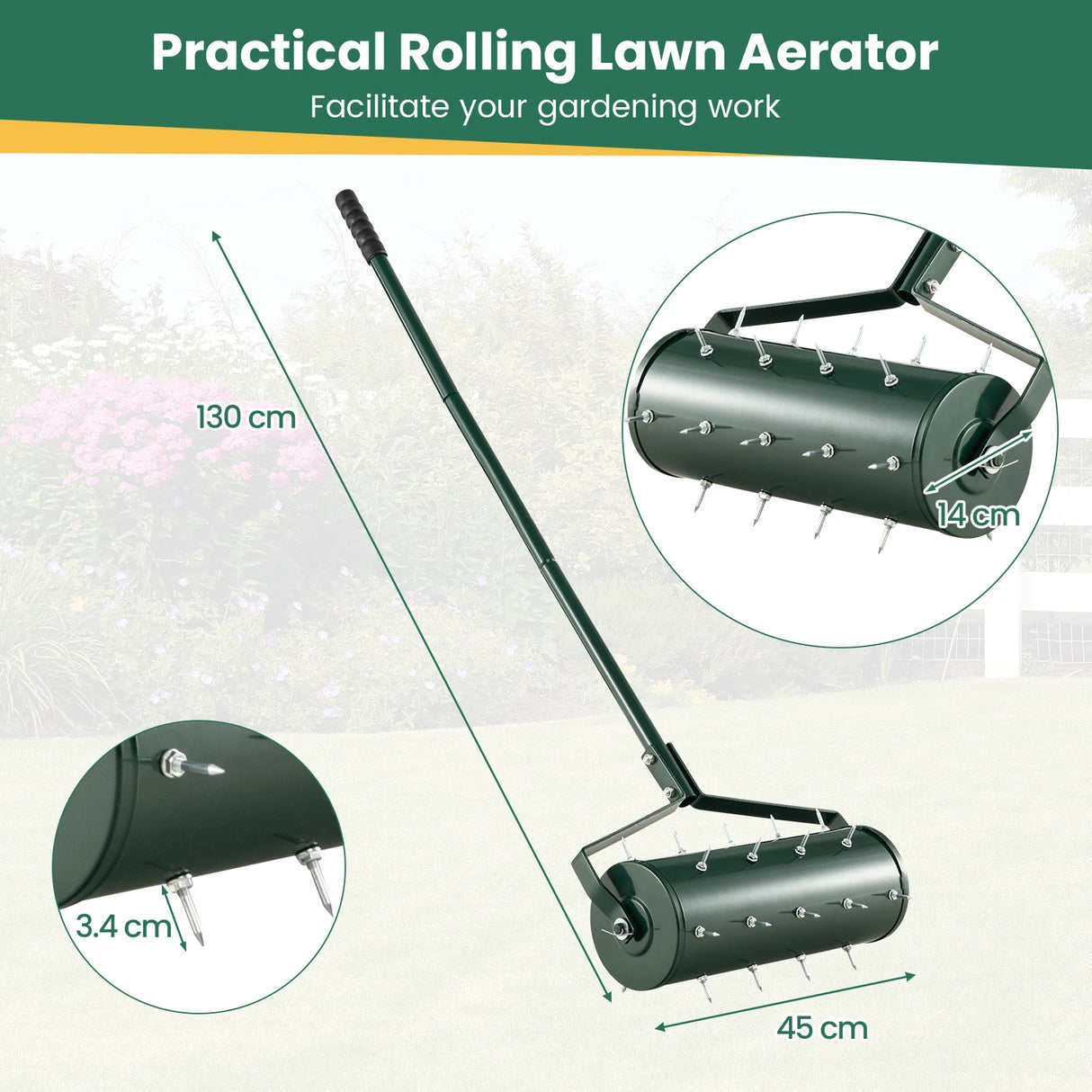 18/21 Inch Manual Lawn Aerator with Detachable Handle and Tine Spikes-18 inches
