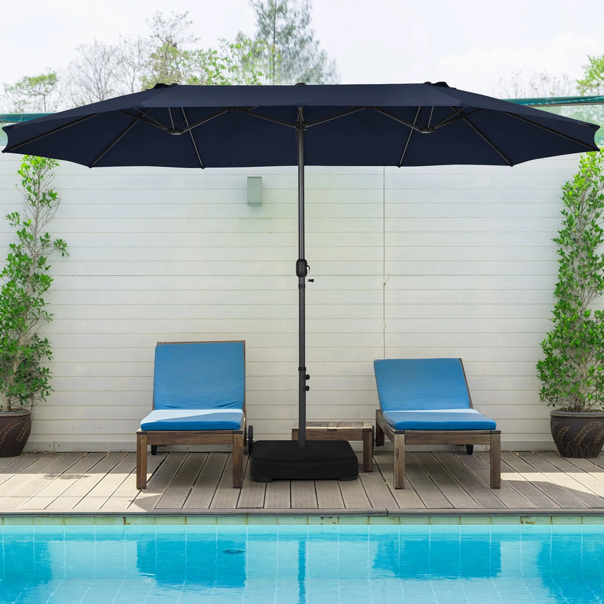 15 Feet Double-Sided Twin Patio Umbrella with Crank and Base-Navy