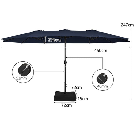 15 Feet Double-Sided Twin Patio Umbrella with Crank and Base-Navy