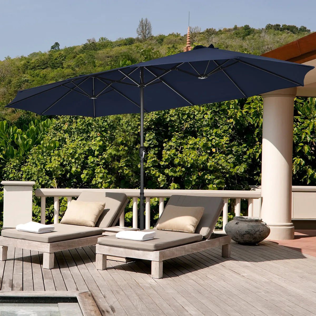 15 Feet Double-Sided Twin Patio Umbrella with Crank and Base-Navy