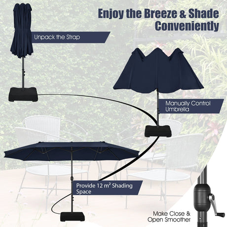 15 Feet Double-Sided Twin Patio Umbrella with Crank and Base-Navy