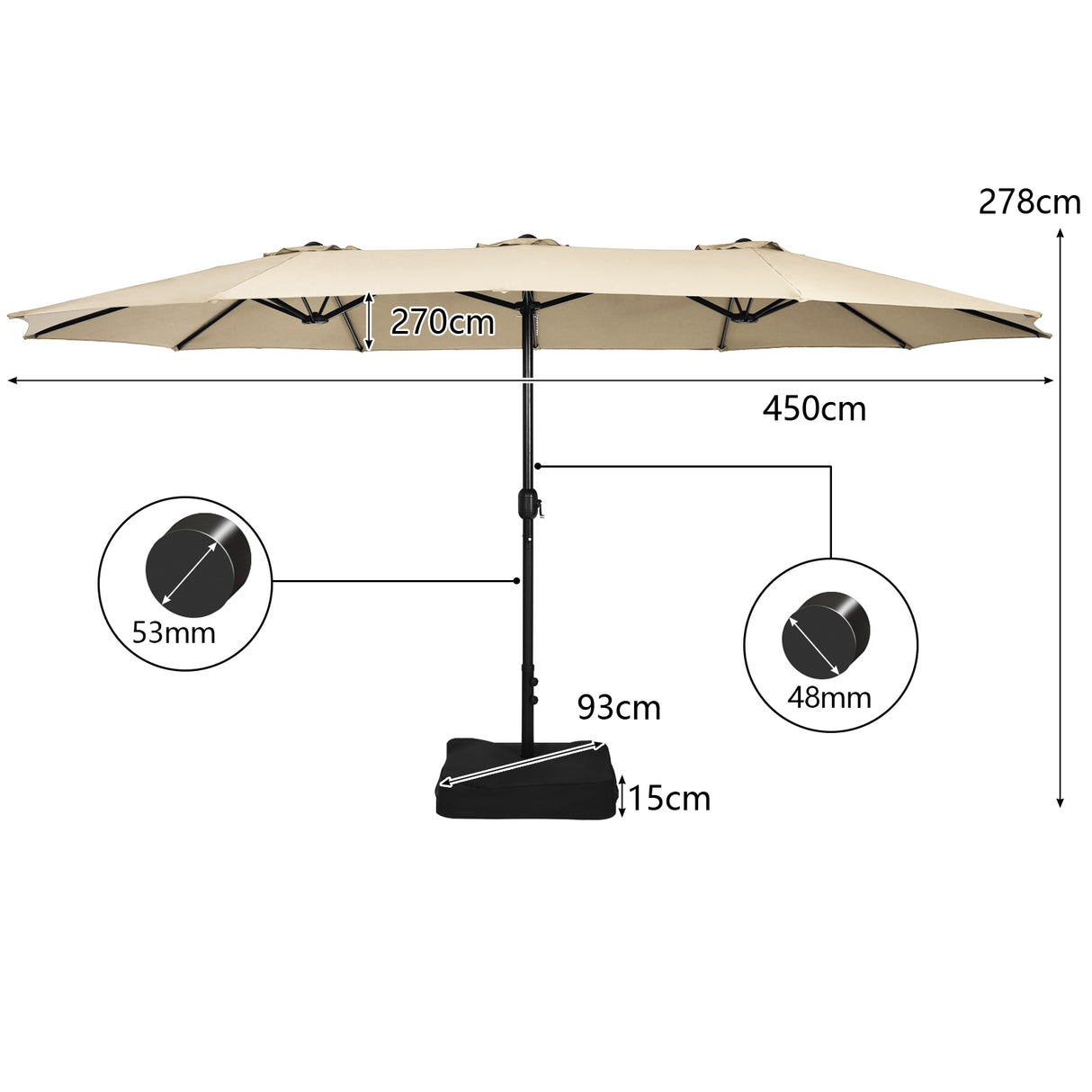 15 Feet Double-Sided Twin Patio Umbrella with Crank and Base Coffee in Outdoor Market-Beige