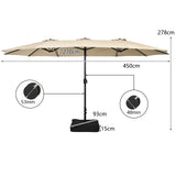 15 Feet Double-Sided Twin Patio Umbrella with Crank and Base Coffee in Outdoor Market-Beige