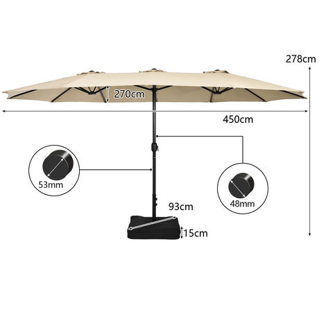 15 Feet Double-Sided Twin Patio Umbrella with Crank and Base Coffee in Outdoor Market-Beige