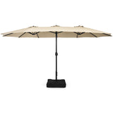 15 Feet Double-Sided Twin Patio Umbrella with Crank and Base Coffee in Outdoor Market-Beige