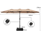 15 Feet Double-Sided Twin Patio Umbrella with Crank and Base Coffee in Outdoor Market-Coffee