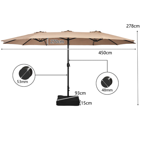 15 Feet Double-Sided Twin Patio Umbrella with Crank and Base Coffee in Outdoor Market-Coffee