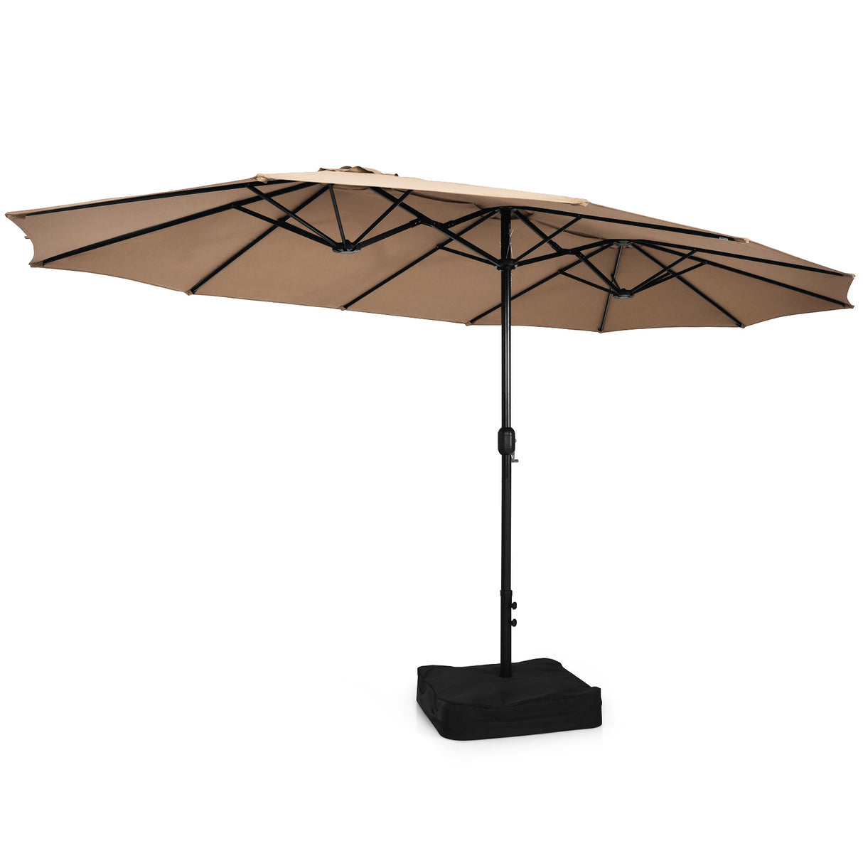 15 Feet Double-Sided Twin Patio Umbrella with Crank and Base Coffee in Outdoor Market-Coffee