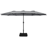 15 Feet Double-Sided Twin Patio Umbrella with Crank and Base Coffee in Outdoor Market-Gray